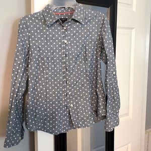 Long sleeve button down polka dot denim blouse